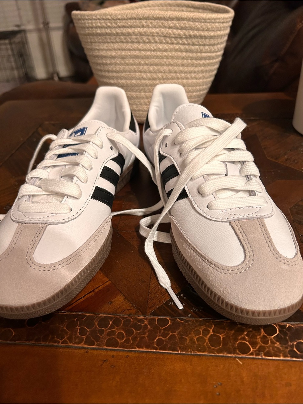 Adidas Samba Unisex White Sneakers with Black Stripes and Beige Suede Accents